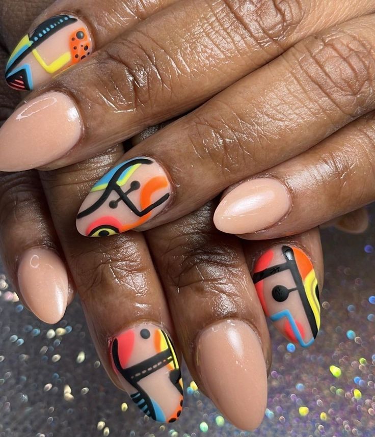 Edgy geometric nail art with sharp lines and contrasting colors