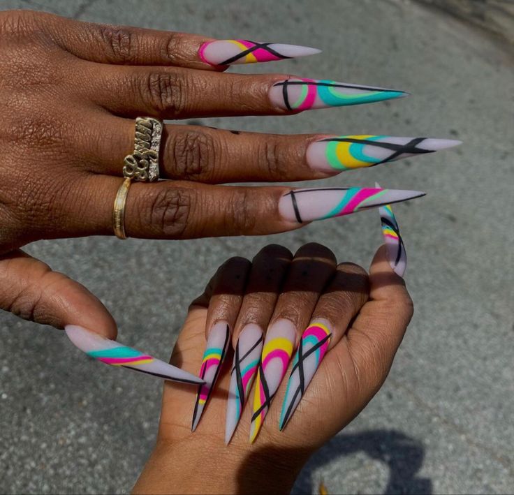 Sharp lined nail art with neon nail designs